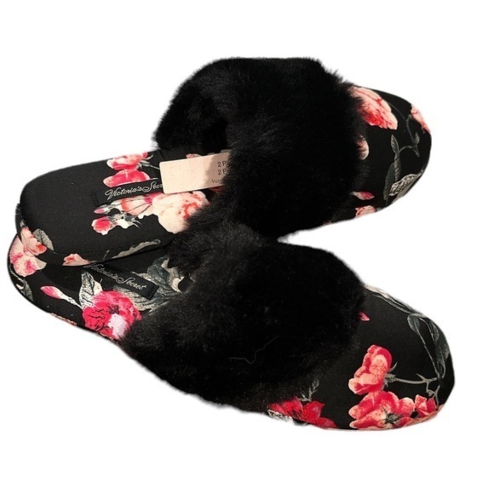 VICTORIA’S SECRET FLORAL BLACK FAUX FUR SLIPON HOUSE TRAVEL SLIPPERS S
